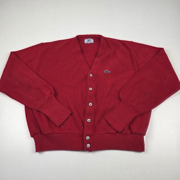 Vintage Izod Lacoste Cardigan Sweater Mens Large Red Orlon Acrylic Croc 80s - Picture 1 of 15